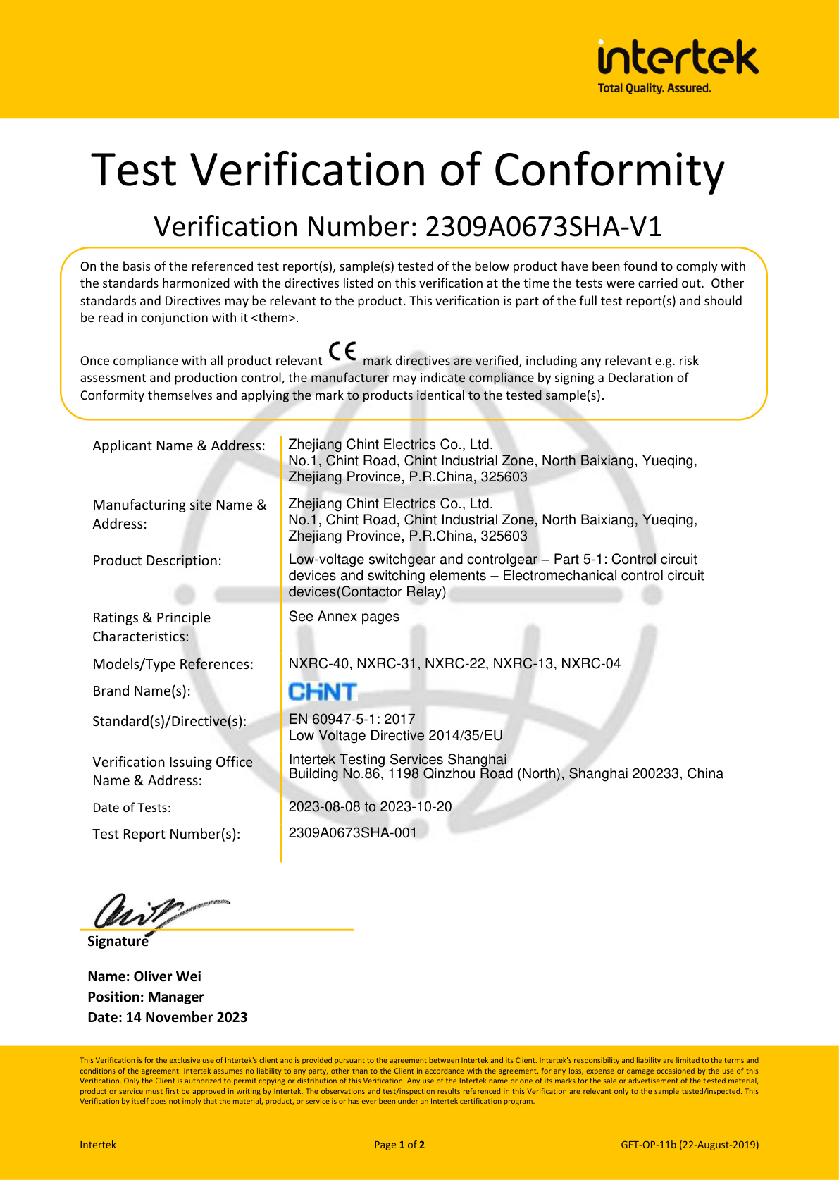NXRC Certificate Page 1
